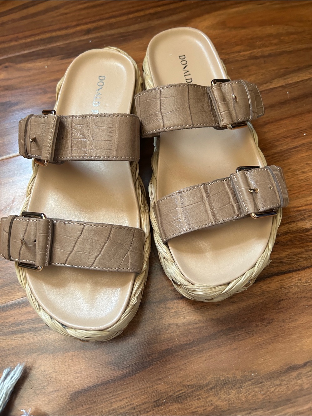 Donald J. Pliner Taupe Croc-Embossed Double Buckle Slide Sandals